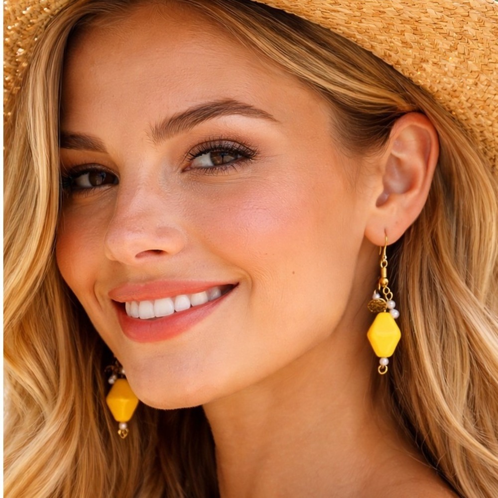 Dangle Earrings Handmade Yellow Geometric Bead Boho Gold Tone Summer‎ Statement